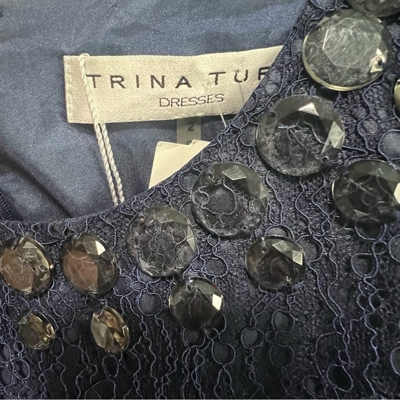 Trina Turk Dresses TD13R047 Navy Jeweled Neckline Lace Overlay, New with Tags - Picture 6 of 7